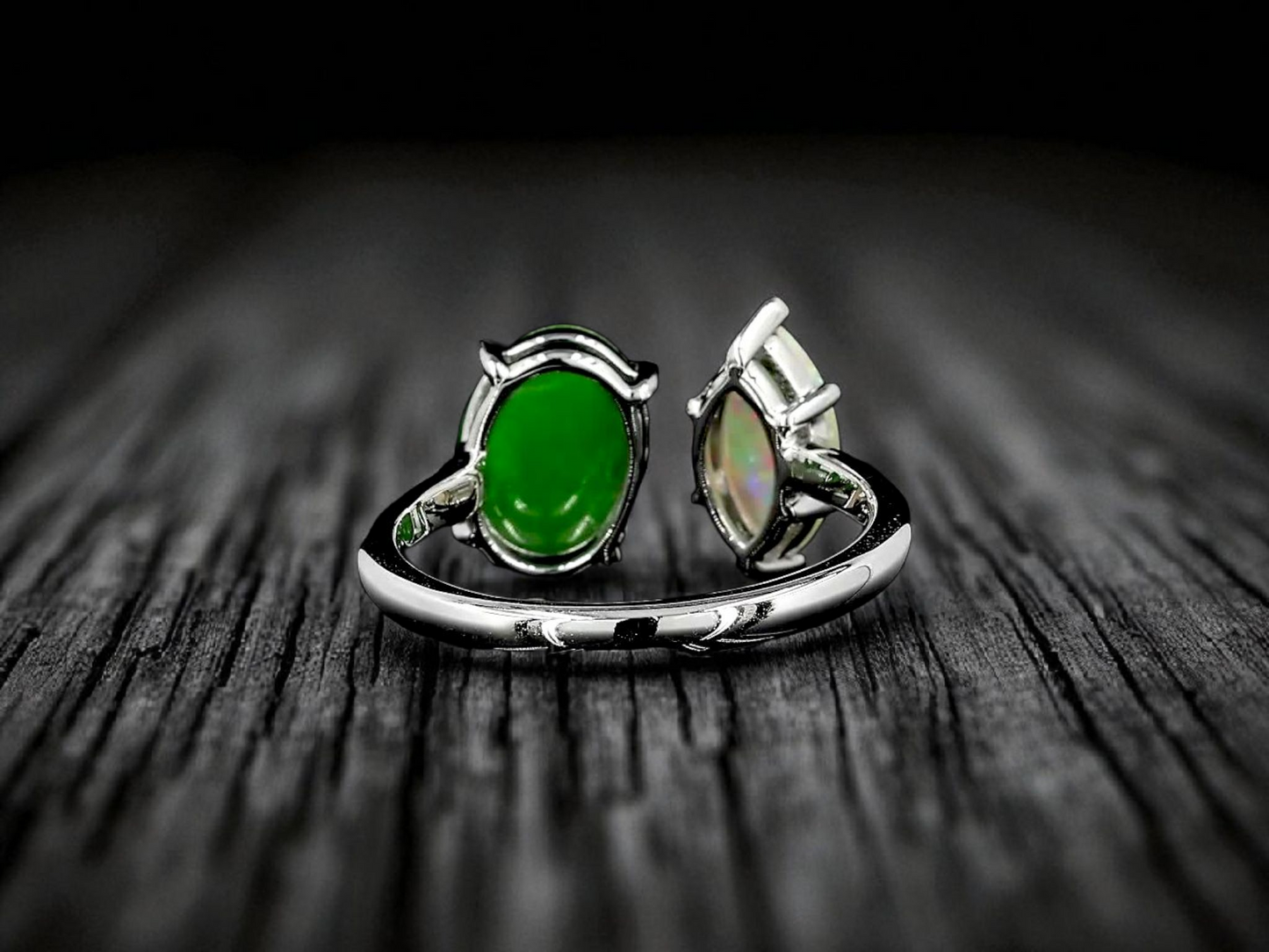 Opade Elegance Burmese A-Jadeite and Australian Opal Toi et Moi Ring Size US 7 with 14K White Gold - Certified V3