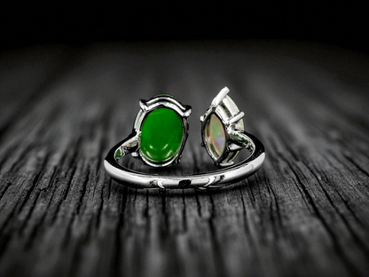 Opade Elegance Burmese A-Jadeite and Australian Opal Toi et Moi Ring Size US 7 with 14K White Gold - Certified V3