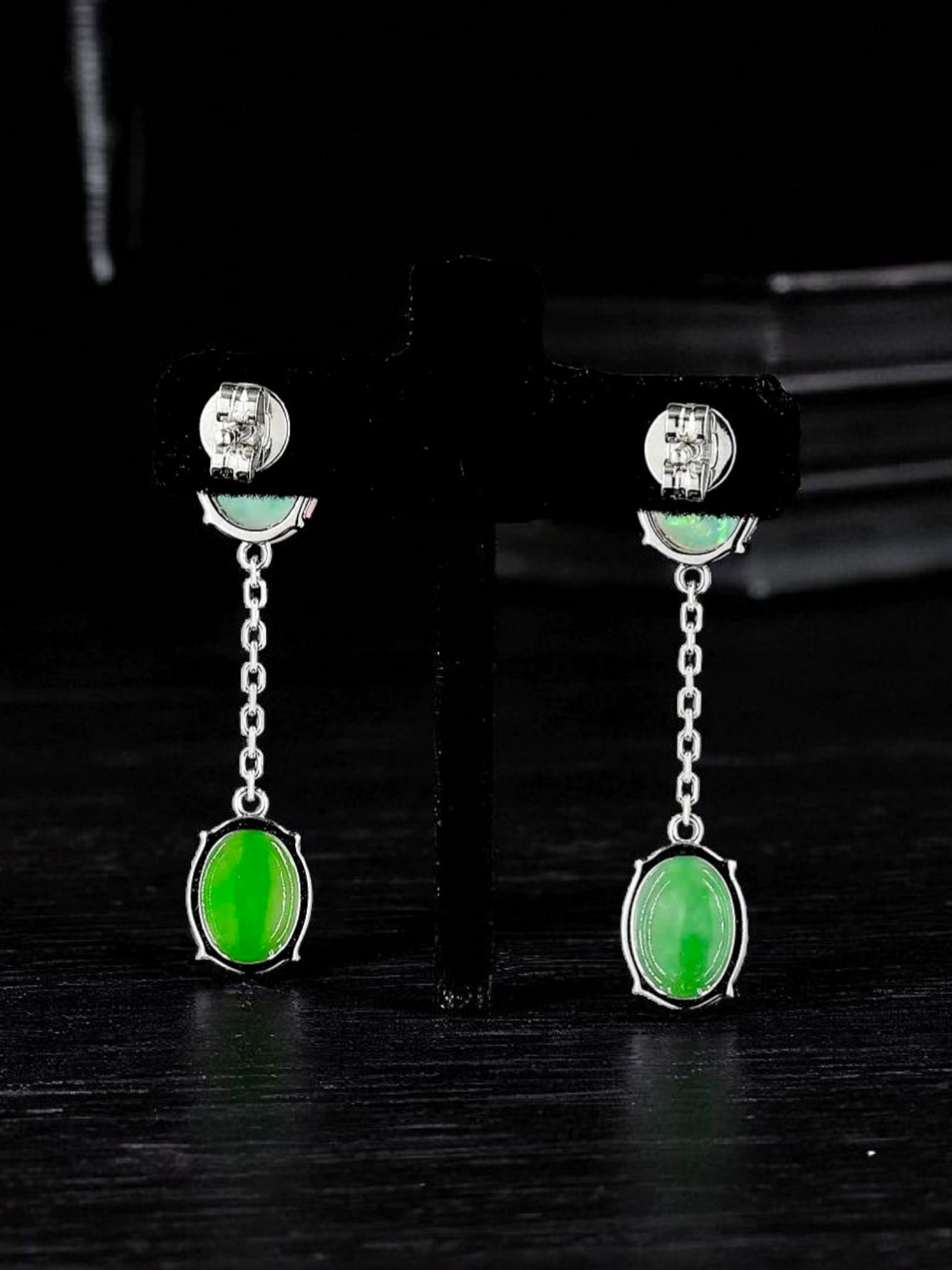 Opade Elegance Burmese A-Jadeite and Australian Opal Drop and Dangle Earrings with 14K White Gold - Certified V1