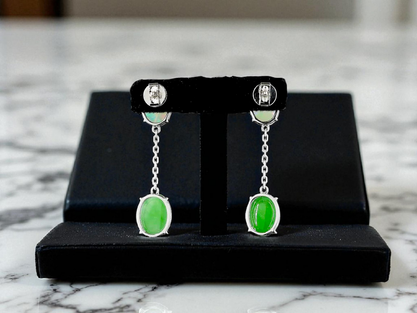 Opade Opulence Burmese A-Jadeite and Australian Opal Drop and Dangle Earrings with 18K White Gold - Certified V1