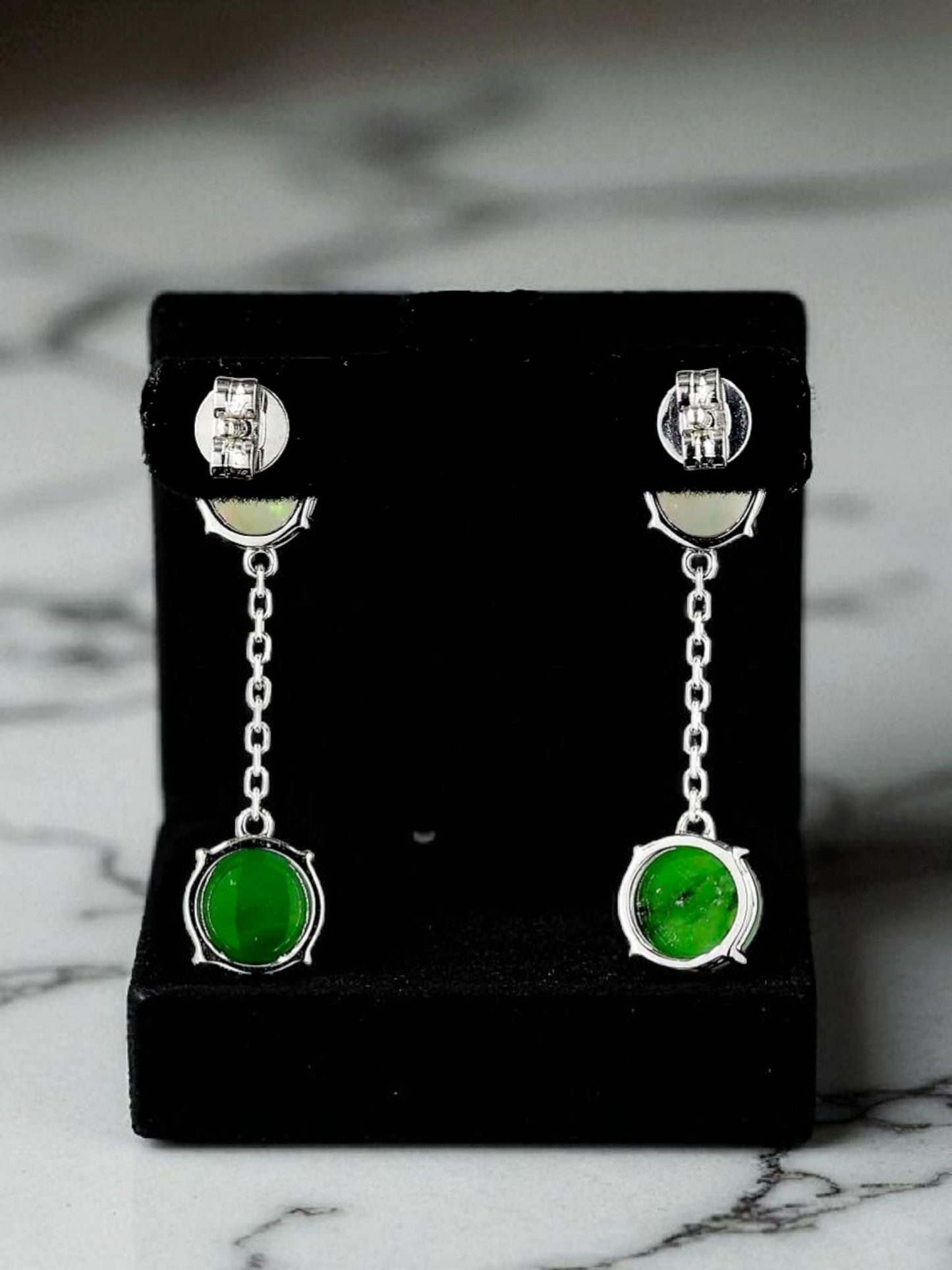 Opade Elegance Burmese A-Jadeite and Australian Opal Drop and Dangle Earrings with 14K White Gold - Certified V2