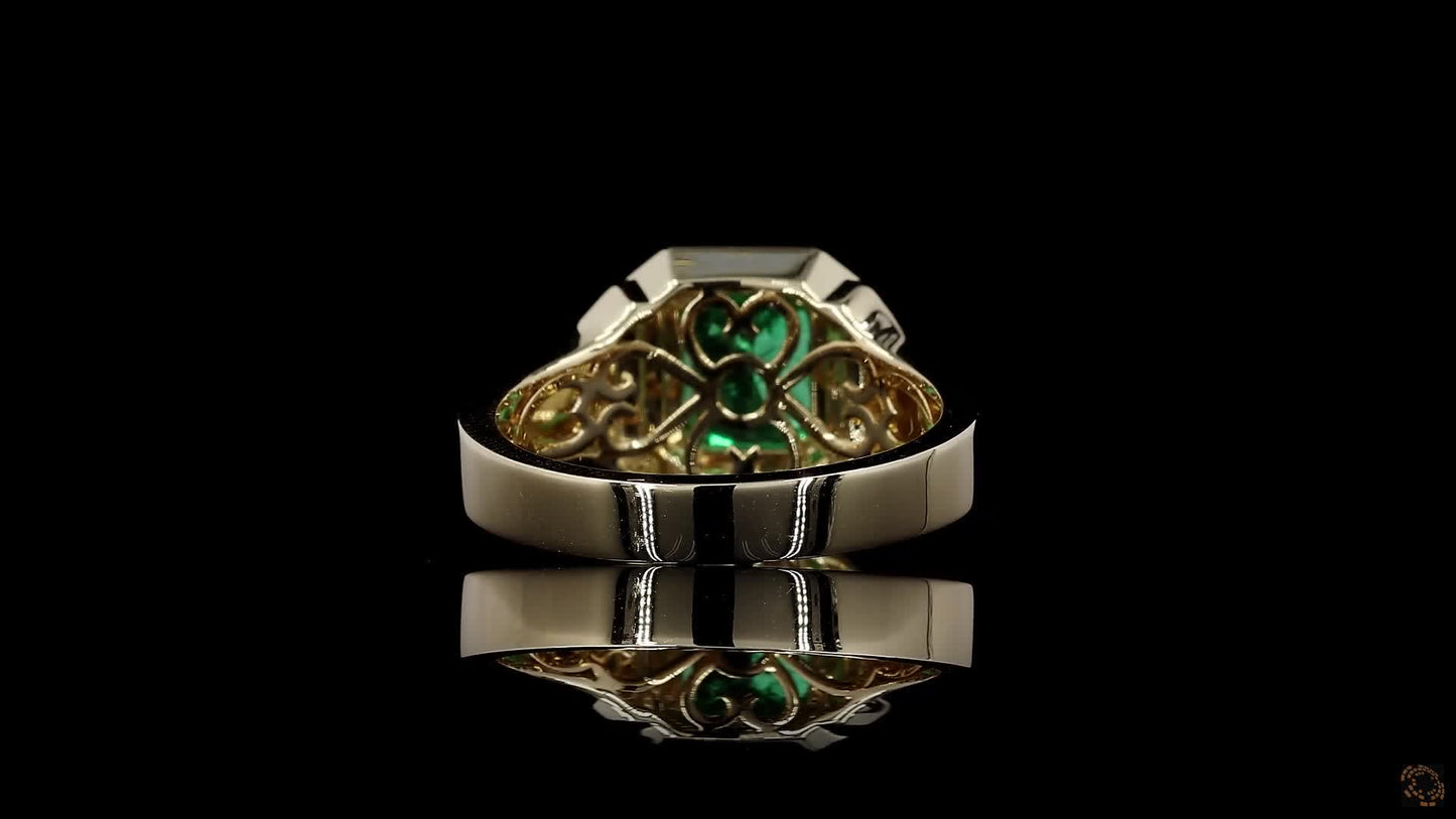 Certified Natural Columbian Emerald 1.72 cts (Vivid Green) Men's Ring with 14K Yellow Gold - Size US 9 - R6