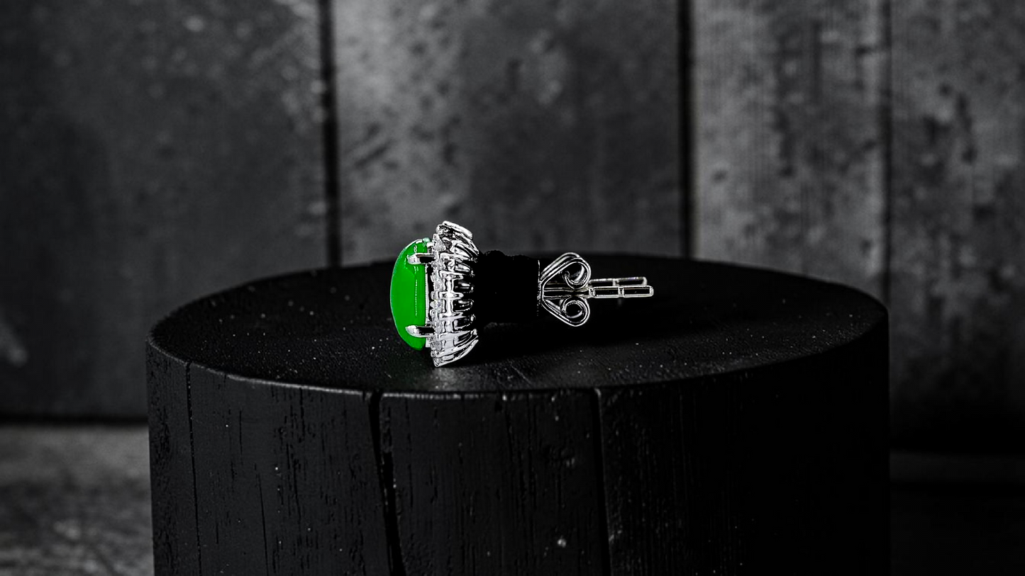 Eternal Sunshine Bright Imperial Green Burmese A-Jade Stud Earrings with Diamond Halo and 18K White Gold - Certified - V7
