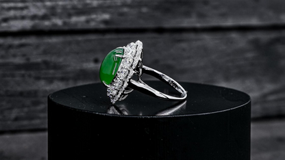 Shinshiro MADE IN JAPAN 6.88 cts. Certified Intense Icy Green Burmese A-Jadeite Ring (with 18K White Gold and White Diamonds) Size US7 - R27