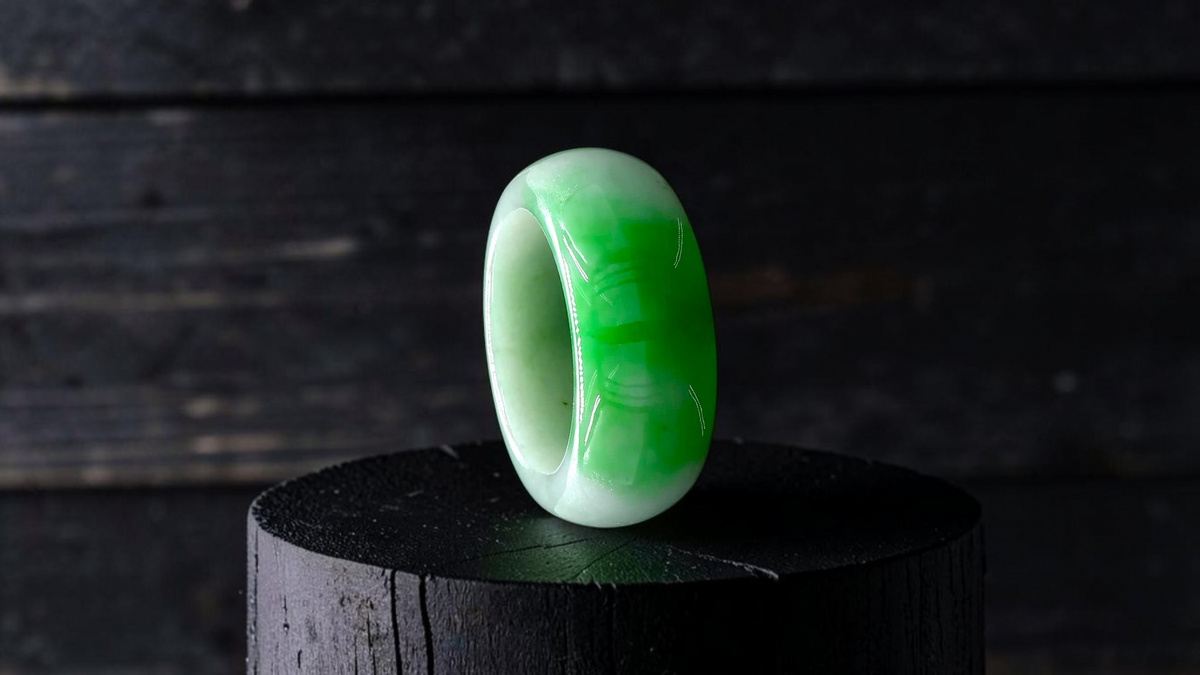 Master's Burmese Icy Bright Green and White A-Jadeite Infinity Band Ring Size US 10 - 09031 - Certified
