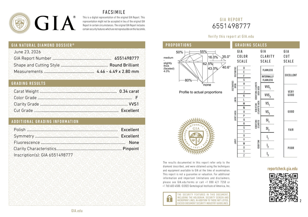 GIA Certified Natural 0.34 cts. F VVS1 Ex Ex Ex N Round Diamond Loose Stone - LS86