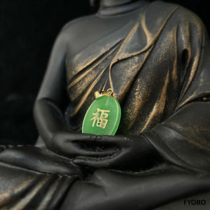Elliptical Fu Fuku Jade Fortune Pendant (with 14K Yellow Gold)
