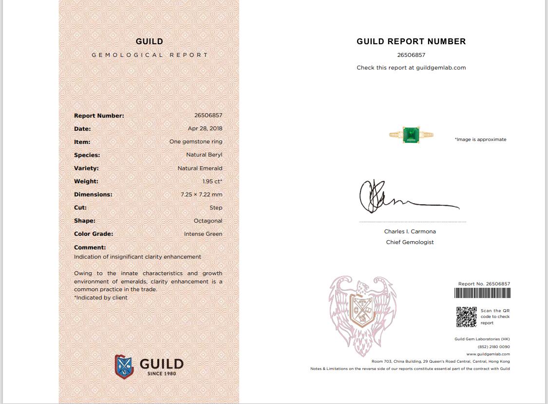 Velletri (1.95 cts.) Emerald and Natural Diamonds Ring (with 18K Yellow Gold) - Guild Certified - MR6277