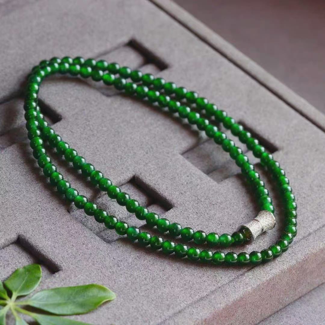 Imperial Green Burmese A-Jade Beaded Long Necklace - 19.00 inches (4.20 mm Beads) with Sterling Silver 925 - Certified - 10012