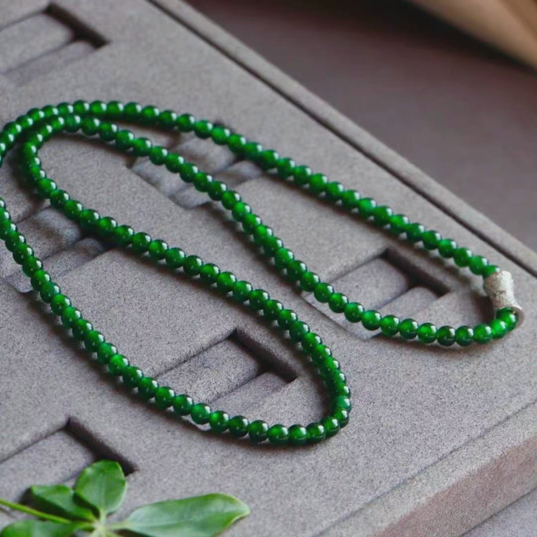 Imperial Green Burmese A-Jade Beaded Long Necklace - 19.00 inches (4.20 mm Beads) with Sterling Silver 925 - Certified - 10012