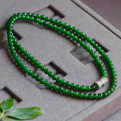 Imperial Green Burmese A-Jade Beaded Long Necklace - 19.00 inches (4.20 mm Beads) with Sterling Silver 925 - Certified - 10012