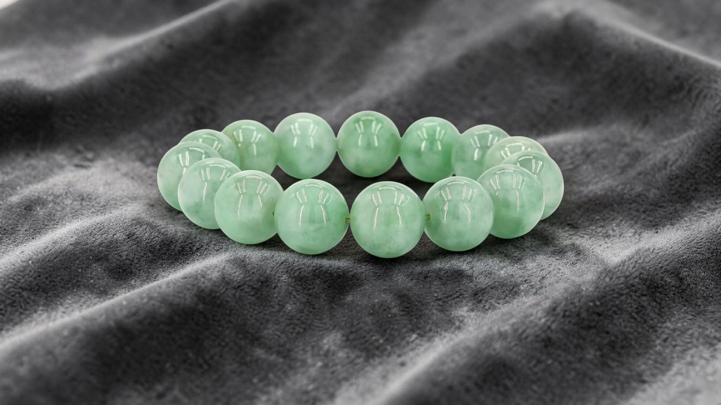 Japanese Winter Green Burmese A-Jade Beaded Bracelet (MADE IN JAPAN) (14.00 - 14.50 mm Each x 15 beads) 05057