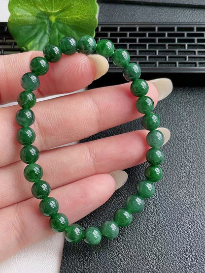 Certified Japanese Intense Deep Green Burmese A-Jade Beaded Bracelet (MADE IN JAPAN) (7 mm Each x 28 beads) 05068