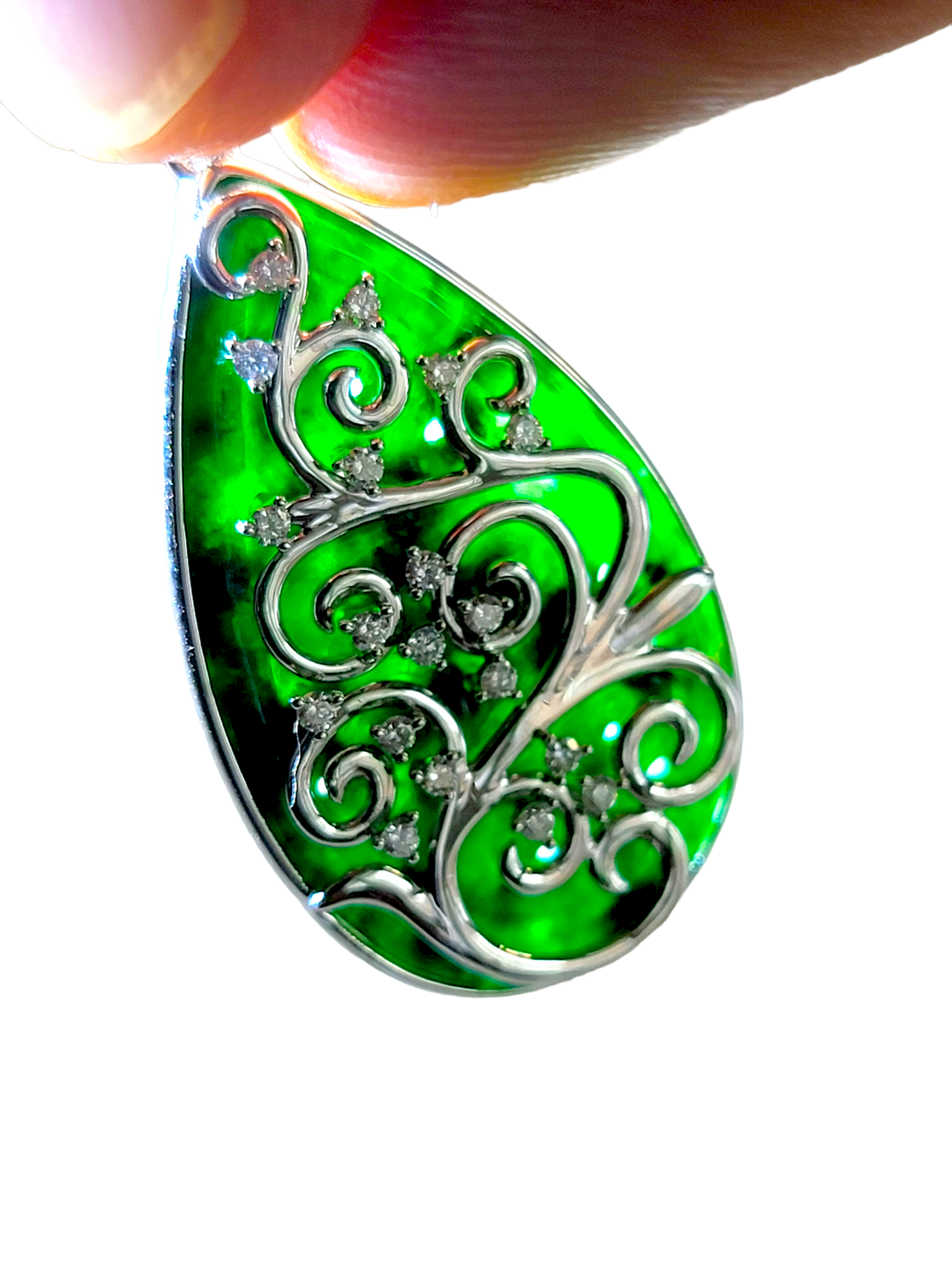 Gardens of Eden Pendant Certified (with Hand Carved Burmese A-Jadeite, 18K White Gold, and White Diamonds)