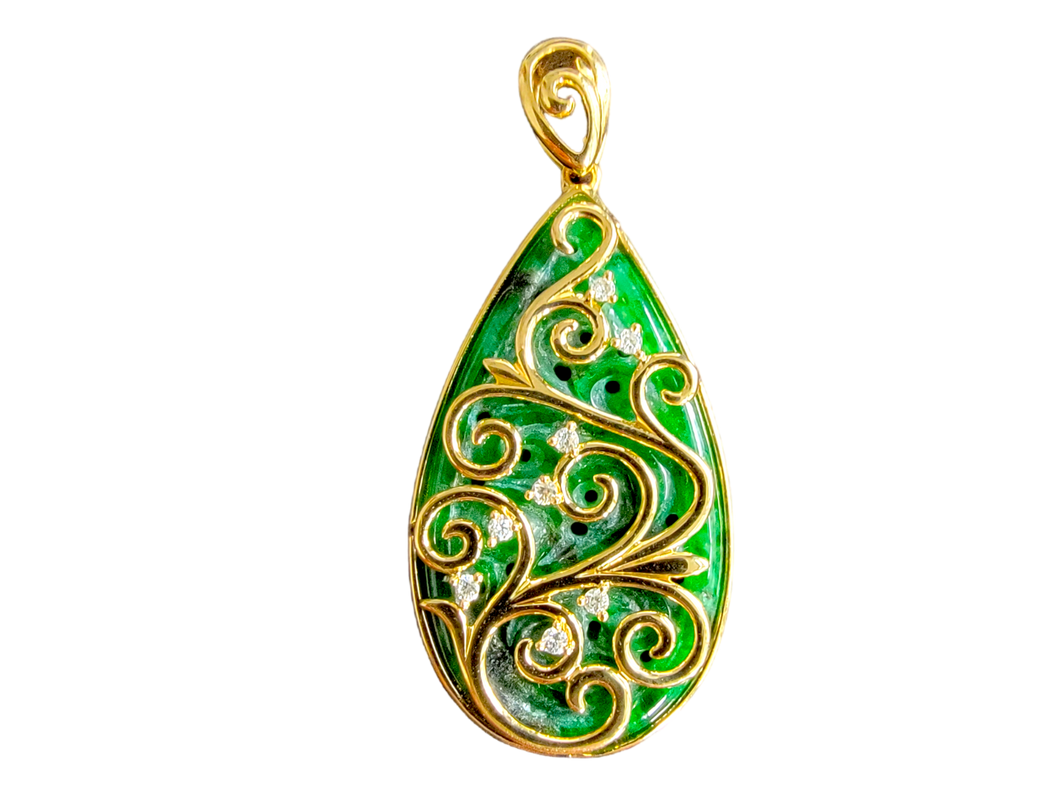Gardens of Babylon Pendant Certified (with Hand Carved Burmese A-Jadeite, 18K Yellow Gold, and White Diamonds)