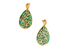 Load image into Gallery viewer, Gardens of Babylon Earrings Certified (with Hand Carved Burmese A-Jadeite, 18K Yellow Gold, and White Diamonds)