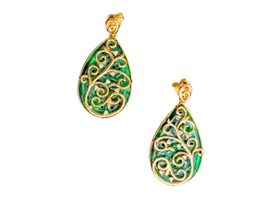 Gardens of Babylon Earrings Certified (with Hand Carved Burmese A-Jadeite, 18K Yellow Gold, and White Diamonds)