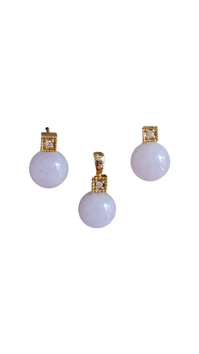 Kyoto Burmese Lavender Jade Bulb Earrings and Pendant Set with 14K Yellow Gold and White Round Diamonds