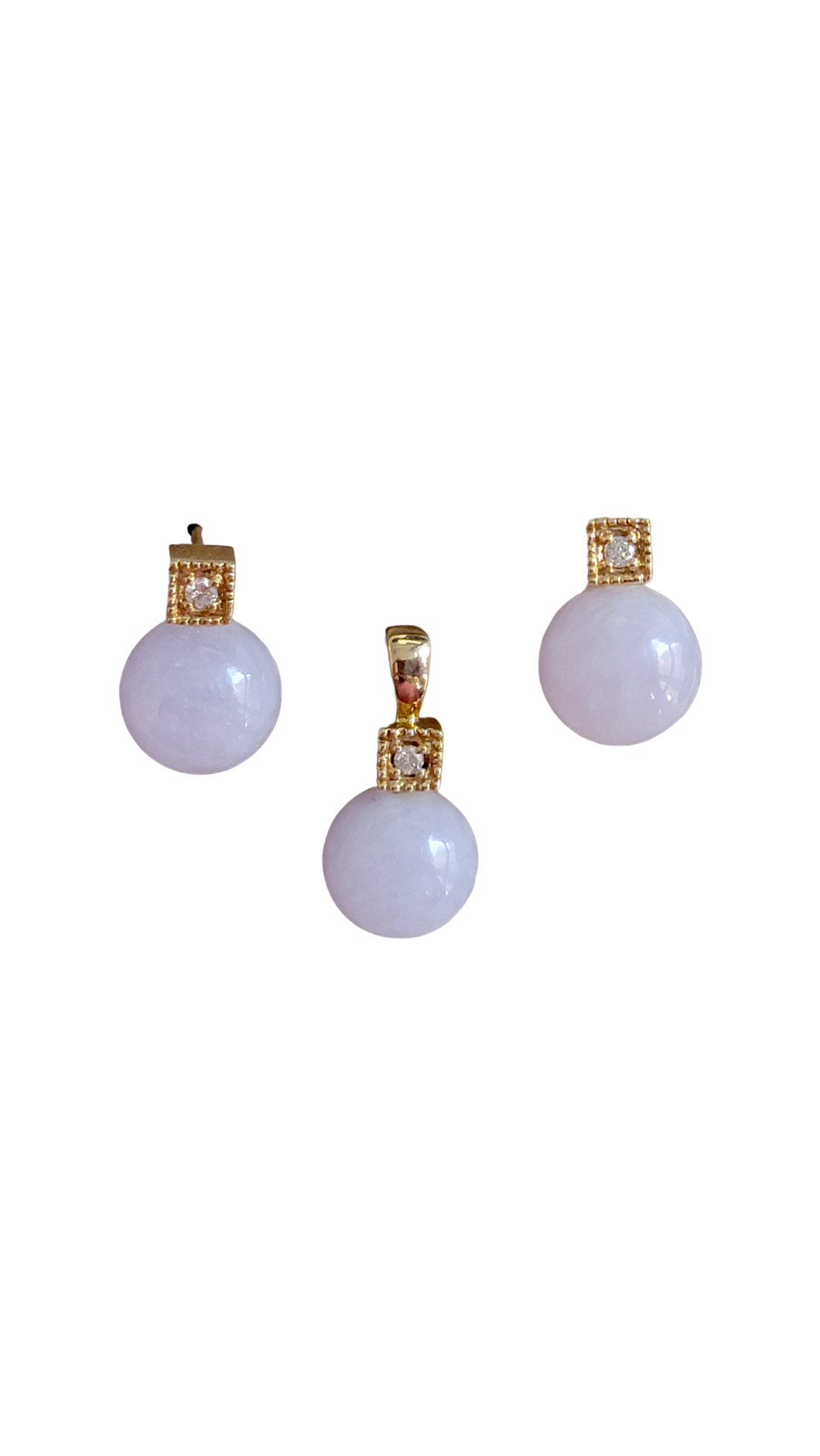 Kyoto Burmese Lavender Jade Bulb Earrings and Pendant Set with 14K Yellow Gold and White Round Diamonds