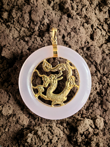 Tai Lantau Winter Pink Jade Dragon Pendant (with 14K Gold)