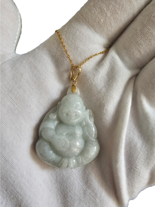 Oriental Selfless Laughing Buddha Burmese Jade Pendant (with 14K Gold)