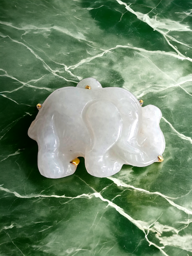 Divine Burmese A-Jadeite Elephant Brooch and Pendant (with 18K Gold)