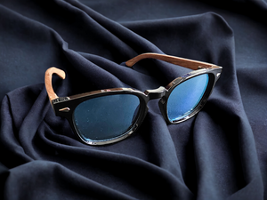 FYORO Ryu Sunglasses (UV400 Polarized Blue tinted Lens, Glossy Black Frames, Walnut Temple)