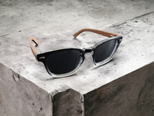 Load image into Gallery viewer, FYORO Ryu Sunglasses (UV400 Polarized Grey tinted Lens, Glossy Black and Crystal Hombre Frames, Walnut Temple)