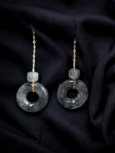 Load image into Gallery viewer, Avantgarde Burmese Noir A-Jadeite Donut Drop and Dangle Earrings (with 18K Yellow Gold Chains)