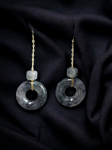 Avantgarde Burmese Noir A-Jadeite Donut Drop and Dangle Earrings (with 18K Yellow Gold Chains)