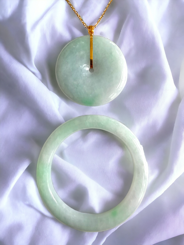 Opulent Offspring Burmese A-Jadeite Donut Pendant and Baby Bangle Set (with 18K Yellow Gold)