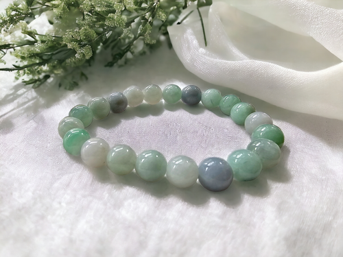 Imperial Japanese Green and Lavender Burmese A-Jade Beaded Bracelet (MADE IN JAPAN) (9mm Each x 21 beads) 05008