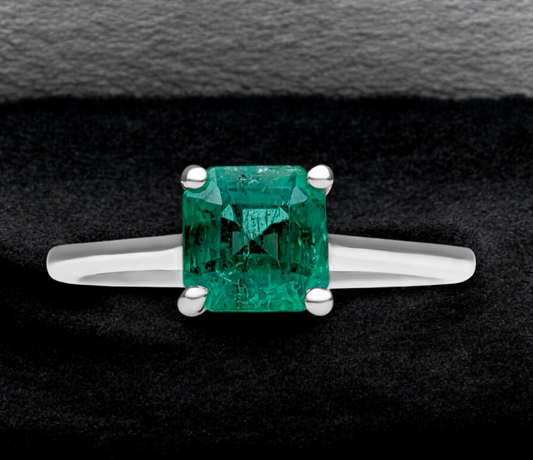 Asscher Cut Zambian Green Emerald Solitaire Ring (with 14K White Gold)