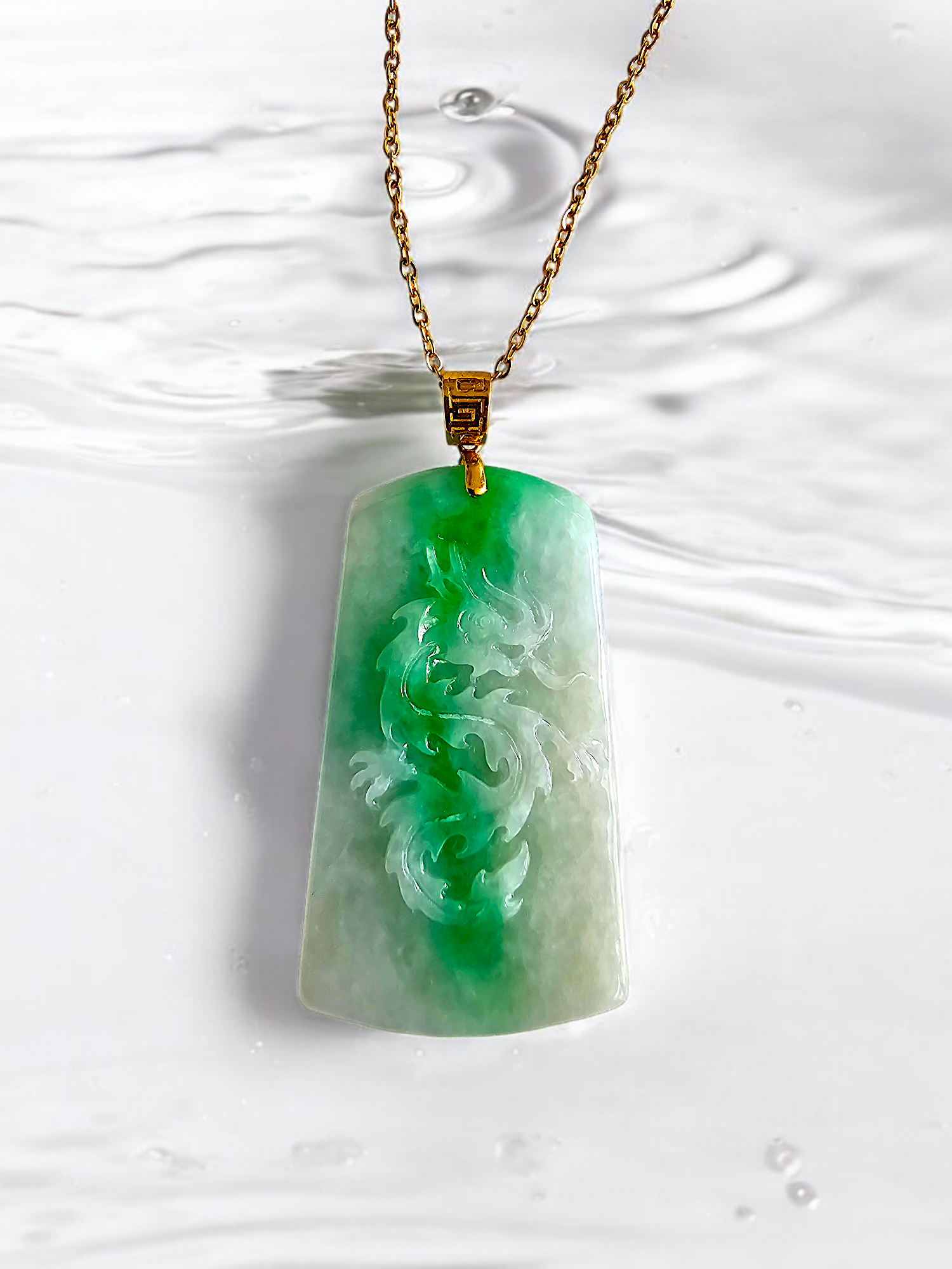 18K Gold Filled On Silver Natural Burmese Jade Dragon Pendant Necklace – 20in Figaro Chain, Lobster Claw, Amulet Style