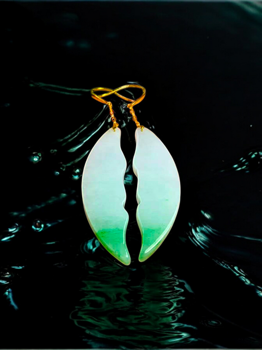 Certified Shingetsu Crescent Drop and Dangle French Hook Burmese A-Jade Earrings (with 18K Yellow Gold)