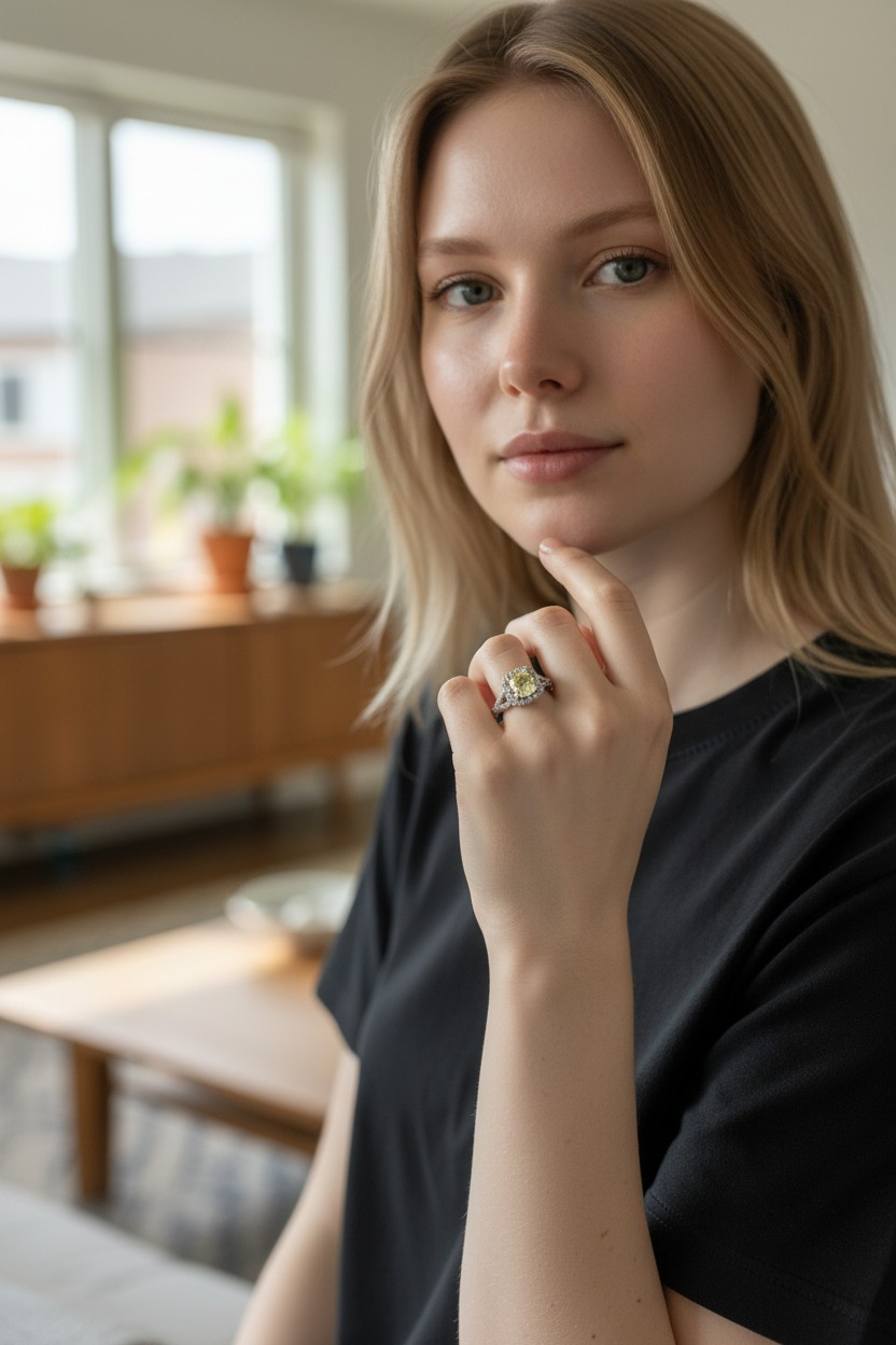 Kami 1.02 cts. Natural Cushion Fancy Light Yellow Diamond Halo Ring with Natural Round White VVS Diamonds Halo and 18K White Gold - GIA Certified - R9