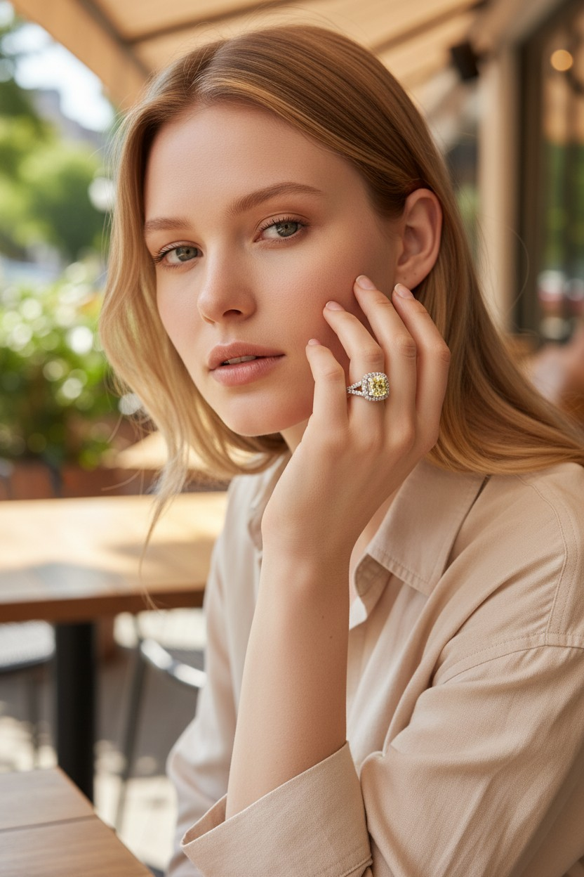 Kami 1.02 cts. Natural Cushion Fancy Light Yellow Diamond Halo Ring with Natural Round White VVS Diamonds Halo and 18K White Gold - GIA Certified - R9