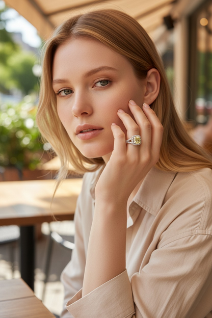 Kami 1.02 cts. Natural Cushion Fancy Light Yellow Diamond Halo Ring with Natural Round White VVS Diamonds Halo and 18K White Gold - GIA Certified - R9