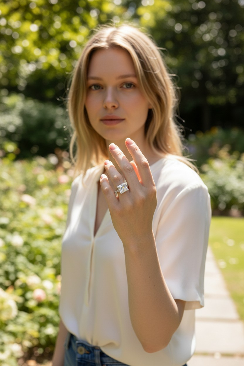 Ohime 4.01 cts. Natural Princess-Cut E i1 Diamond Cocktail Ring with Round White VVS Diamonds and 18K White Gold - GIA Certified-R10