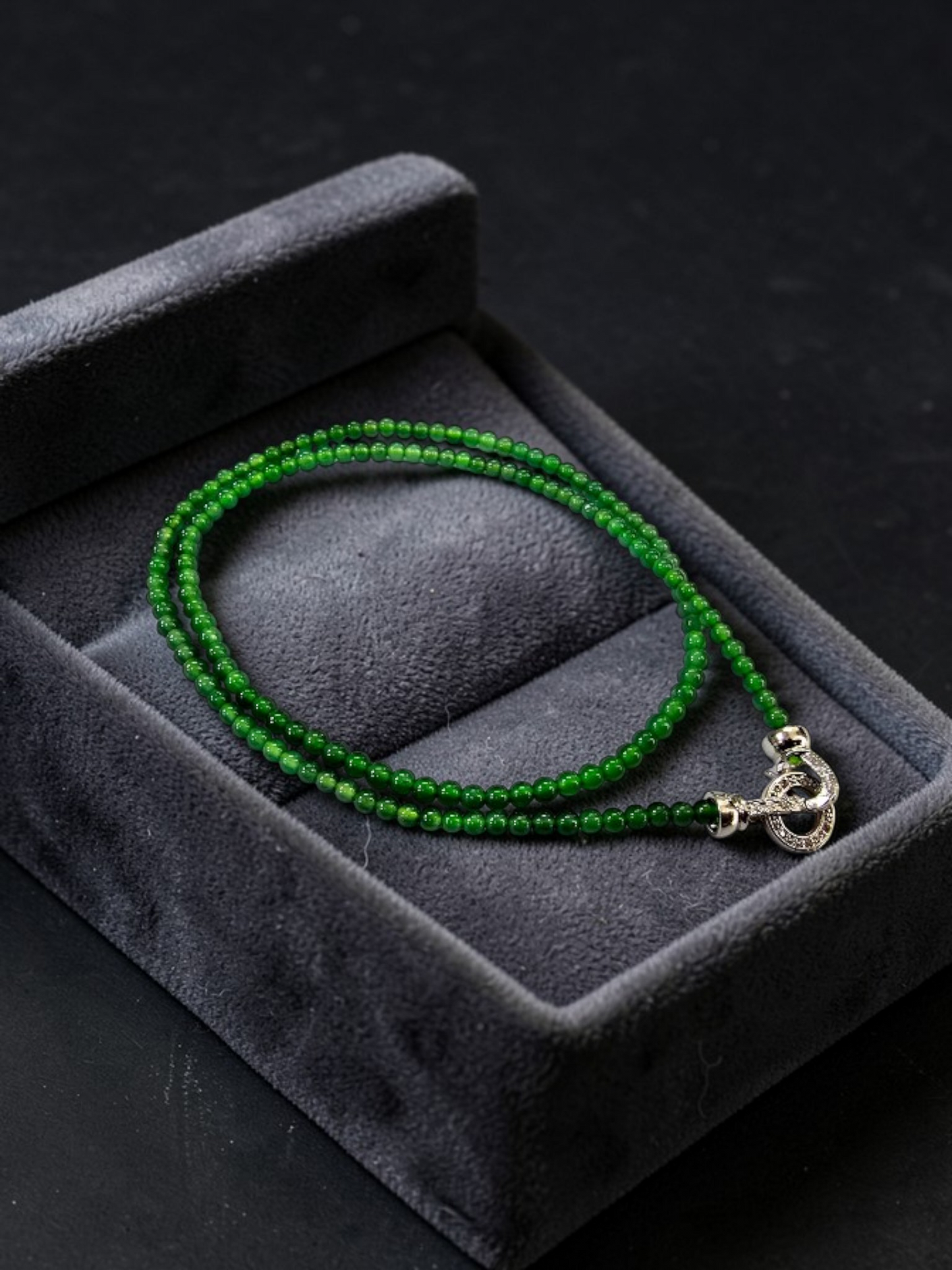 Imperial Green Burmese A-Jade Beaded Long Necklace - 19.50 inches (3.70 mm Beads) with Sterling Silver 925 - Certified - 10013