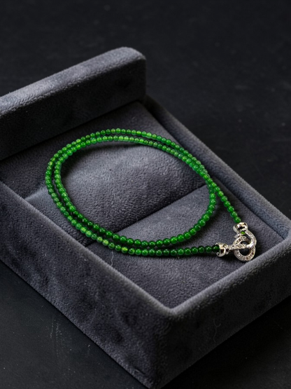 Imperial Green Burmese A-Jade Beaded Long Necklace - 19.50 inches (3.70 mm Beads) with Sterling Silver 925 - Certified - 10013
