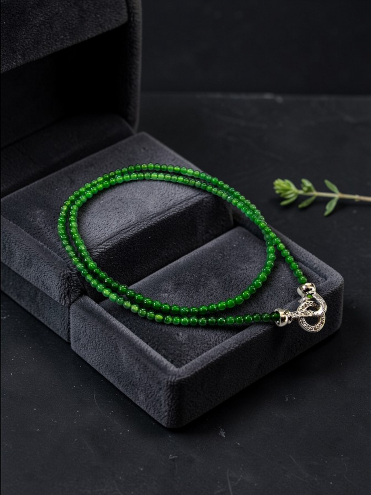 Imperial Green Burmese A-Jade Beaded Long Necklace - 19.50 inches (3.70 mm Beads) with Sterling Silver 925 - Certified - 10013