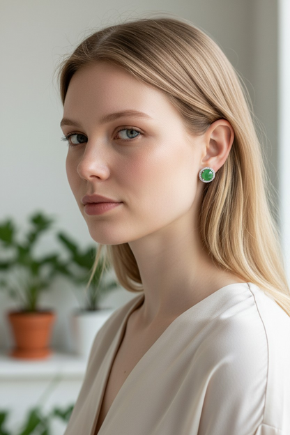 Eternal Sunshine Apple Green Burmese A-Jade Stud Earrings with Diamond Halo and 18K White Gold - Certified - V2