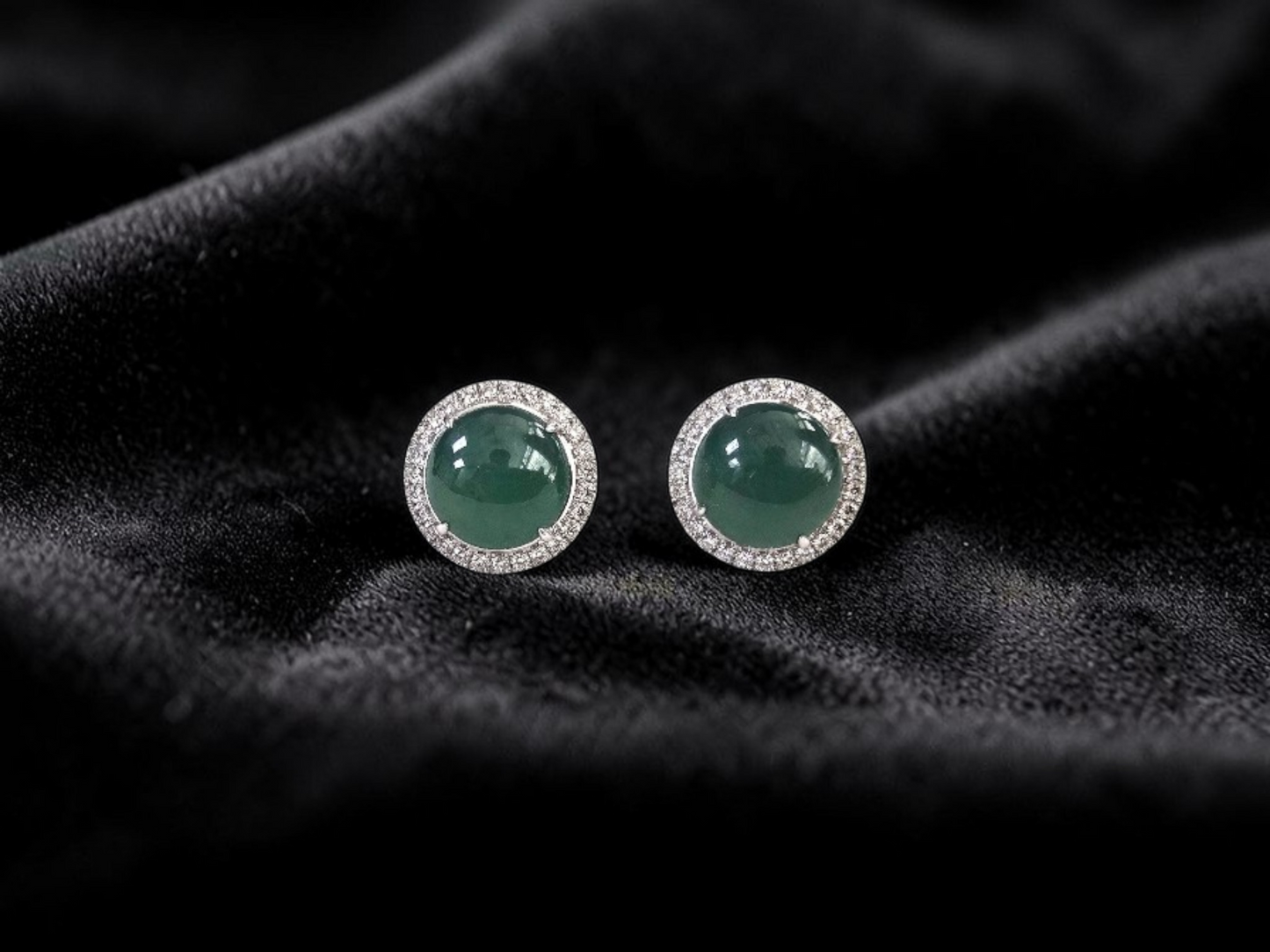 Eternal Sunshine Blue Green Burmese A-Jade Stud Earrings with Diamond Halo and 18K White Gold - Certified - V3