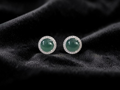 Eternal Sunshine Blue Green Burmese A-Jade Stud Earrings with Diamond Halo and 18K White Gold - Certified - V3