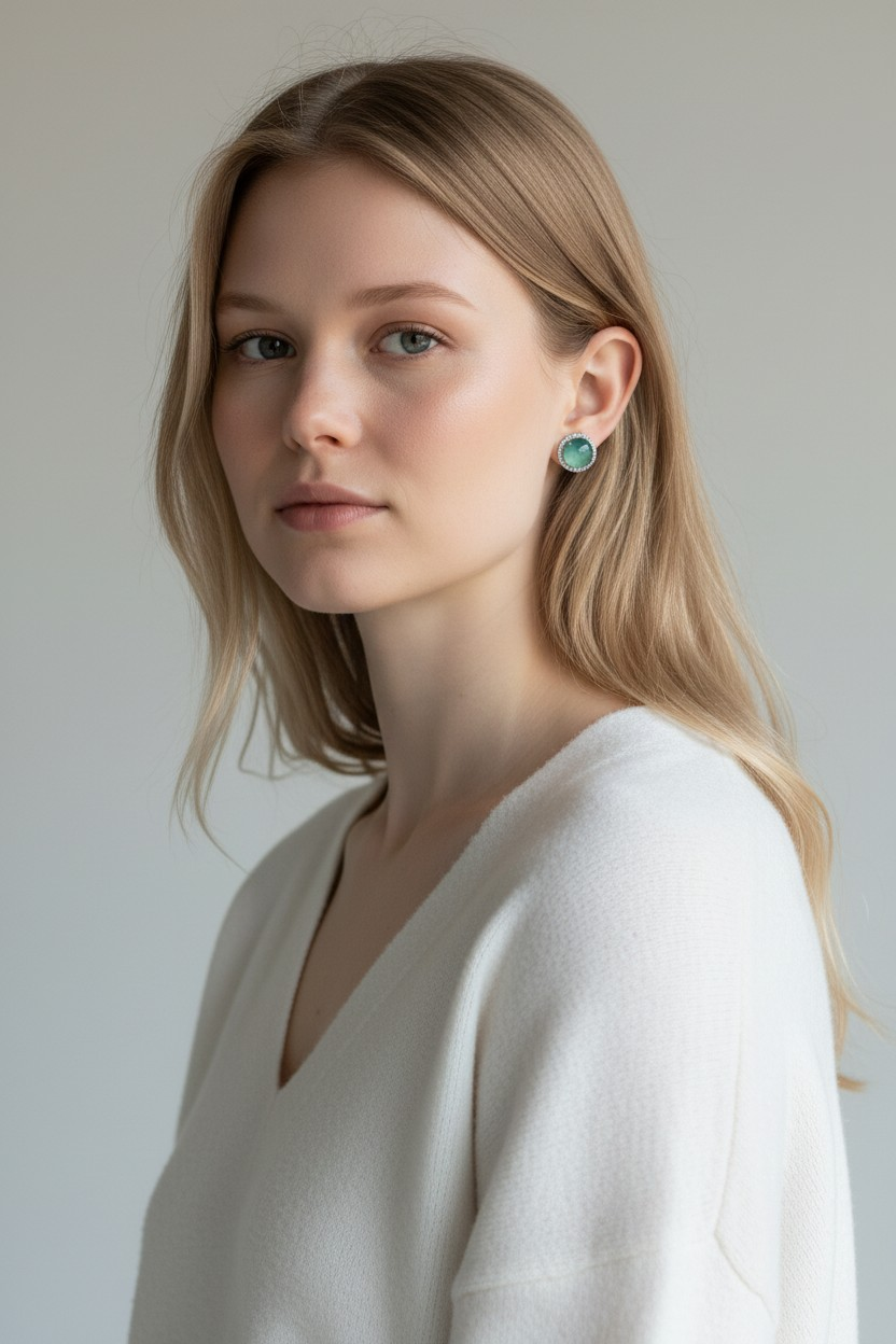 Eternal Sunshine Blue Green Burmese A-Jade Stud Earrings with Diamond Halo and 18K White Gold - Certified - V3