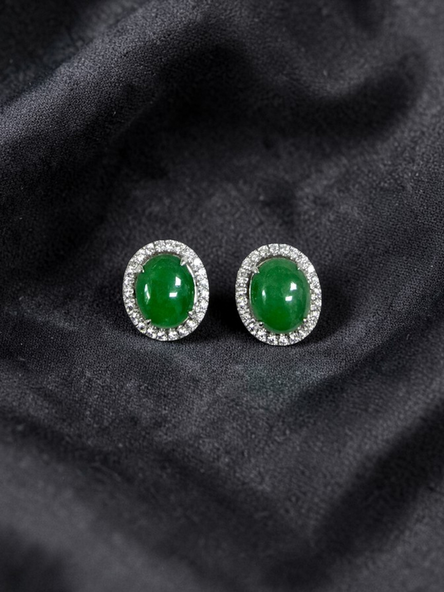 Eternal Sunshine Green Burmese A-Jade Stud Earrings with Diamond Halo and 18K White Gold - Certified - V4