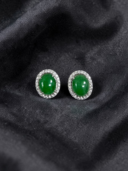 Eternal Sunshine Green Burmese A-Jade Stud Earrings with Diamond Halo and 18K White Gold - Certified - V4