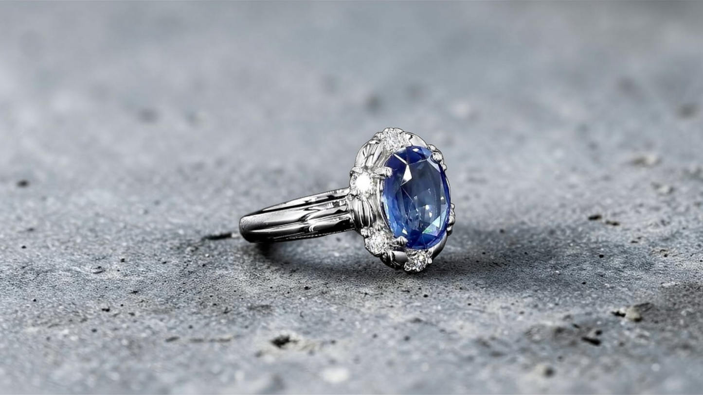 Toyohashi MADE IN JAPAN Certified Oval Shaped 3.17 cts. Cornflower Blue Sapphire Ring with Platinum 900 and White Diamonds Size US5 - R10