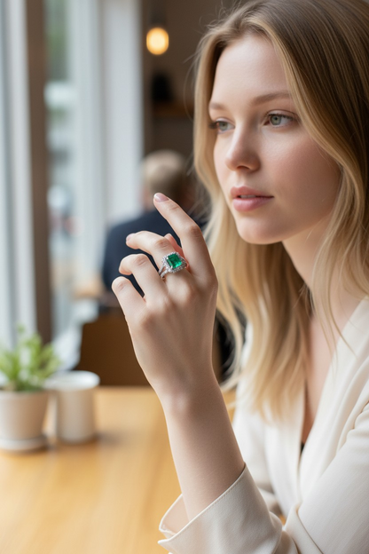 Handa MADE IN JAPAN Certified 2.34 cts. Minor Oil Vivid Green Columbian Emerald Ring with Platinum 900 and White Diamonds Size US6  - R14